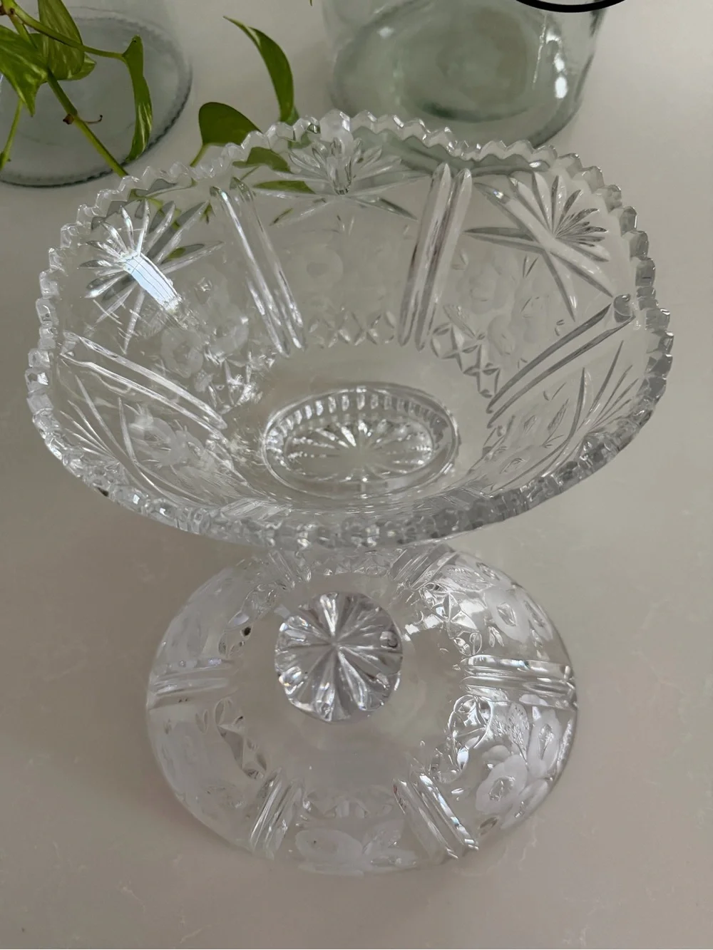 Vintage Crystal Covered Candy Dish Pedestal Compote Etched Floral Glass Bowl 10”